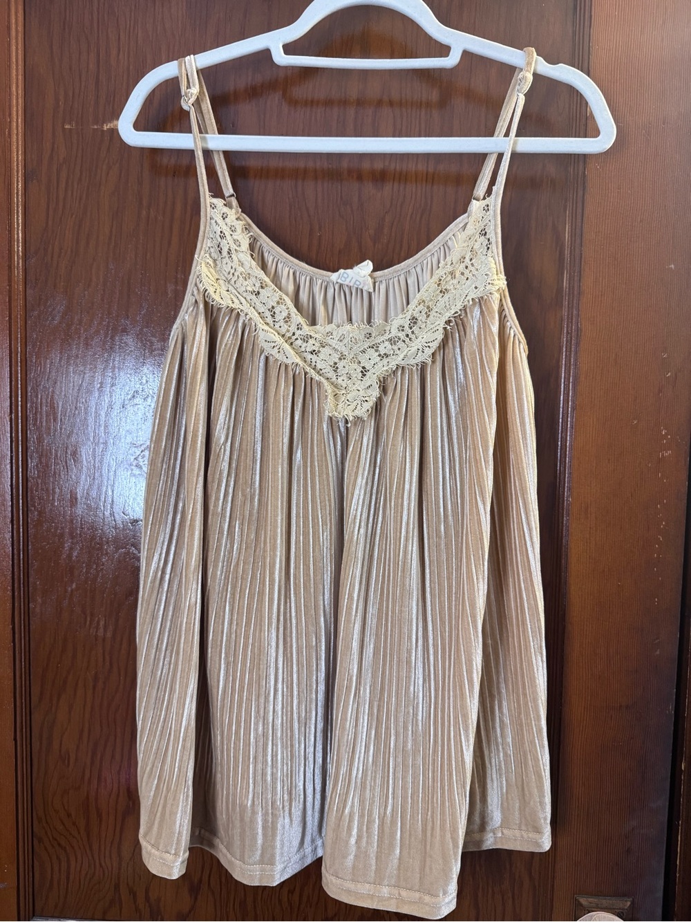 BiBi Metallic Beige Lace-Trim Pleated Camisole Top